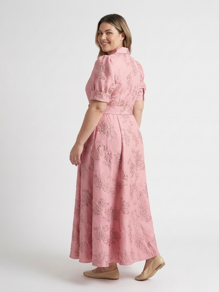 Lucienne | Short Sleeve Belted Floral Textured Maxi Shirt Dress