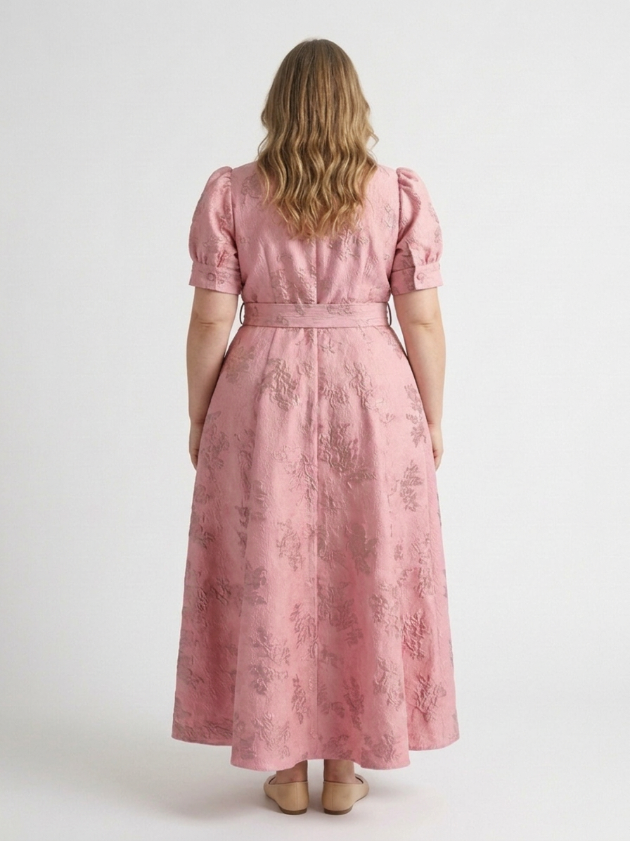 Lucienne | Short Sleeve Belted Floral Textured Maxi Shirt Dress