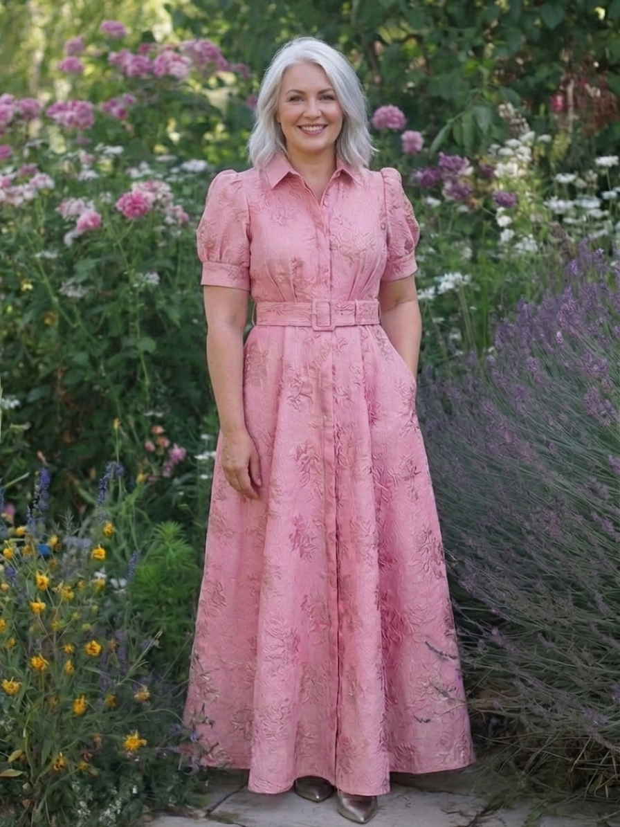 Lucienne | Short Sleeve Belted Floral Textured Maxi Shirt Dress