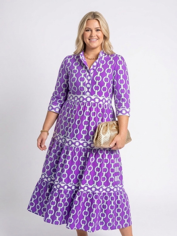 Tamsin | Three Quarter Sleeve Chain Pattern Midi Dress
