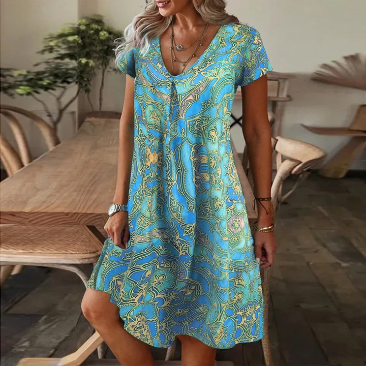 Elara - Printed V-Neck Swing Dress