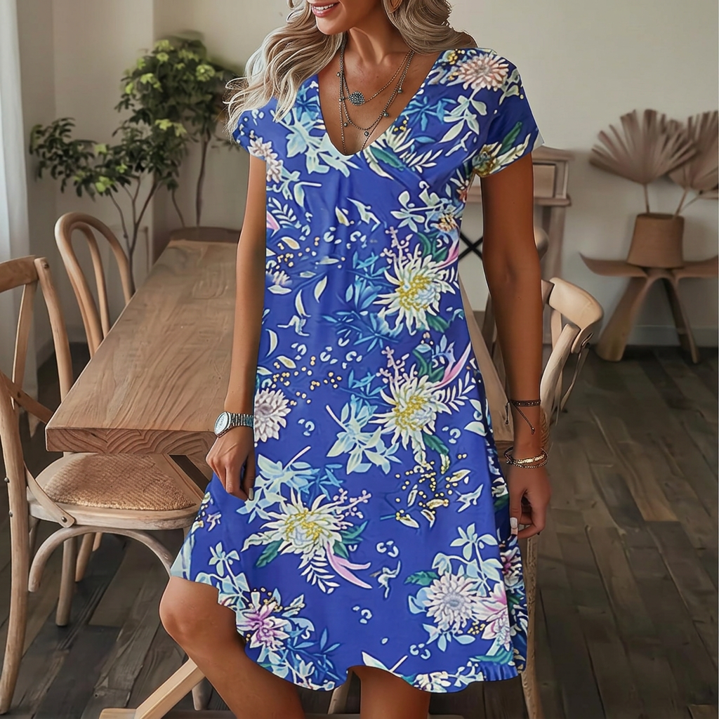 Elara - Printed V-Neck Swing Dress