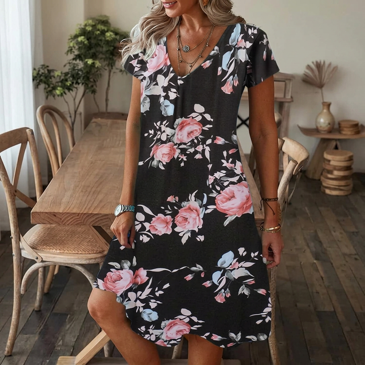 Elara - Printed V-Neck Swing Dress