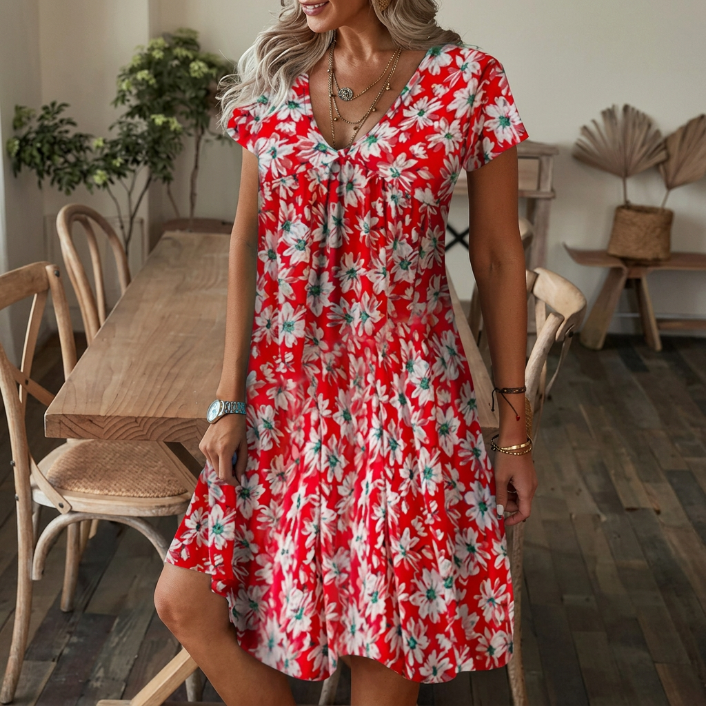 Elara - Printed V-Neck Swing Dress