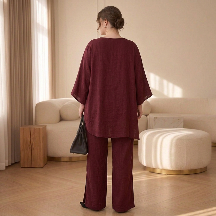 Maia | Cold-Shoulder Layered Tunic &amp; Wide-Leg Pant Set