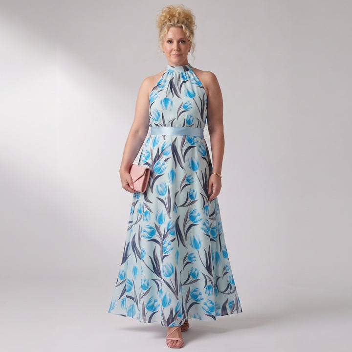 Elara | Blue Floral Pleated Maxi Dress