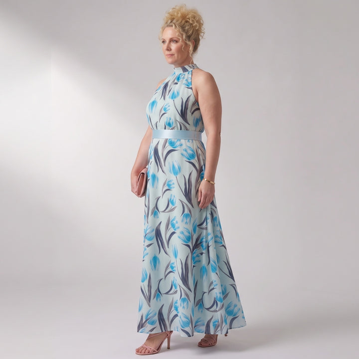 Elara | Blue Floral Pleated Maxi Dress