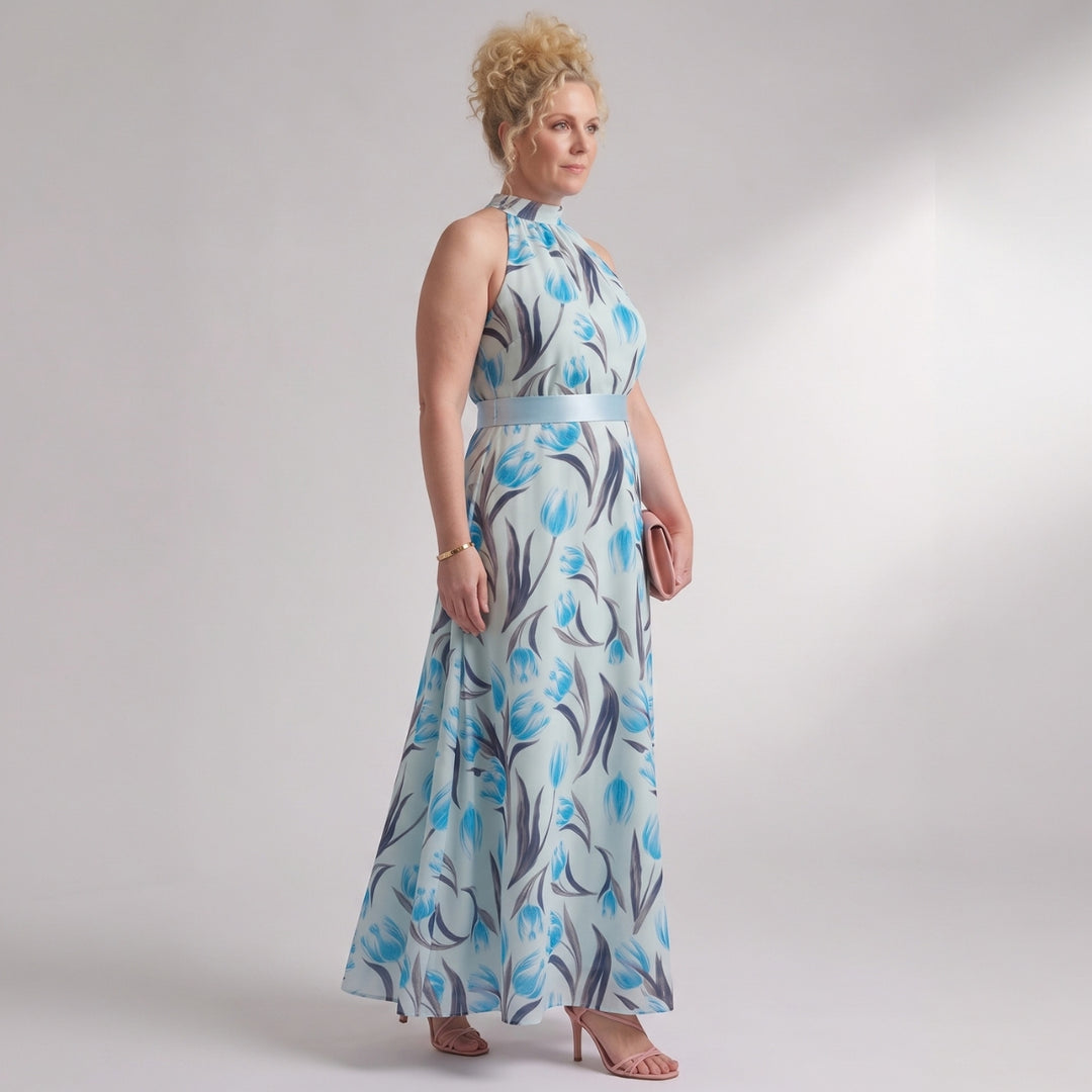 Elara | Blue Floral Pleated Maxi Dress