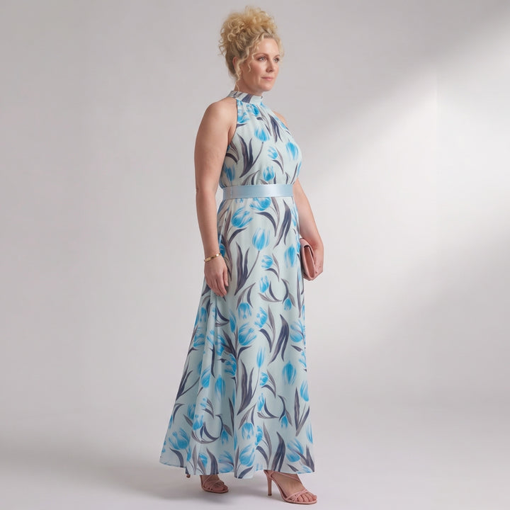 Elara | Blue Floral Pleated Maxi Dress
