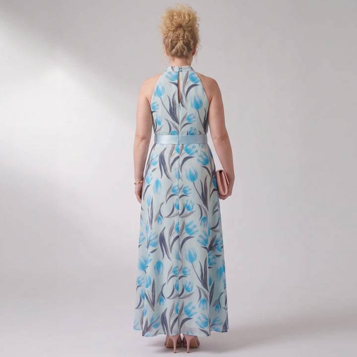 Elara | Blue Floral Pleated Maxi Dress