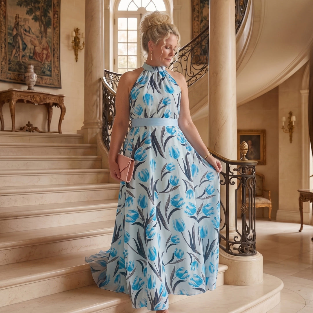 Elara | Blue Floral Pleated Maxi Dress