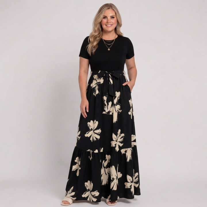 Elara | Women’s Short-Sleeve Floral Print Belted Tiered Maxi Dress