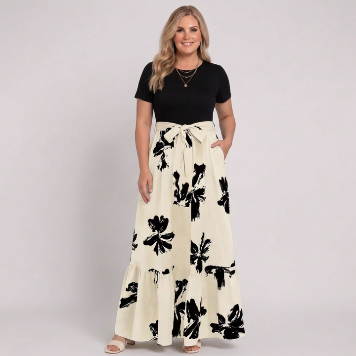 Elara | Women’s Short-Sleeve Floral Print Belted Tiered Maxi Dress
