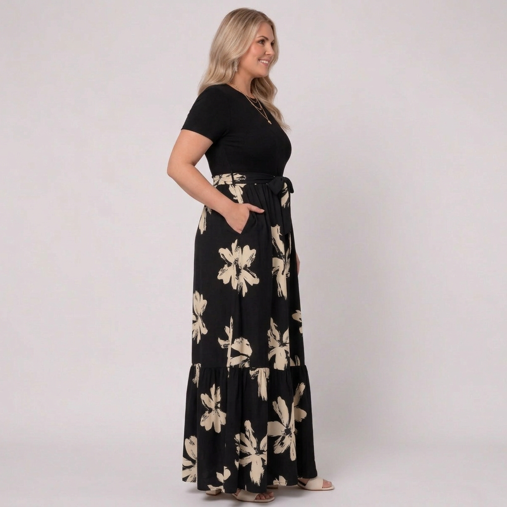Elara | Women’s Short-Sleeve Floral Print Belted Tiered Maxi Dress