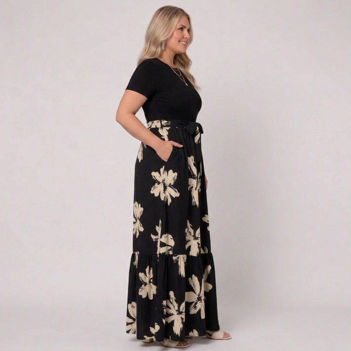 Elara | Women’s Short-Sleeve Floral Print Belted Tiered Maxi Dress