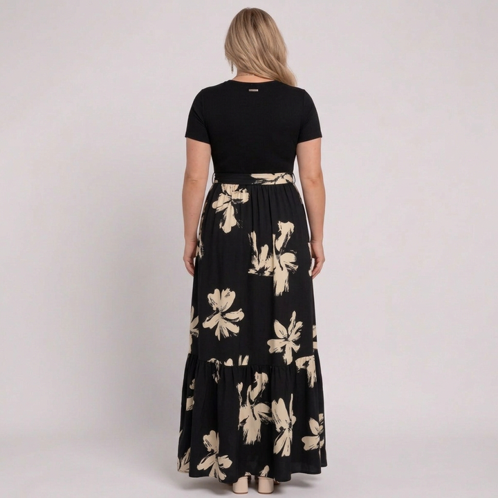 Elara | Women’s Short-Sleeve Floral Print Belted Tiered Maxi Dress