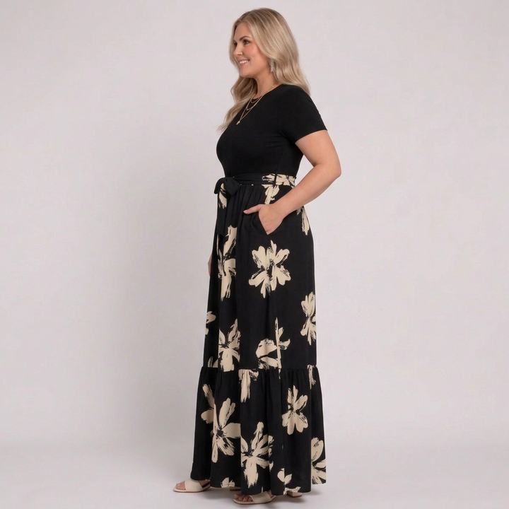 Elara | Women’s Short-Sleeve Floral Print Belted Tiered Maxi Dress