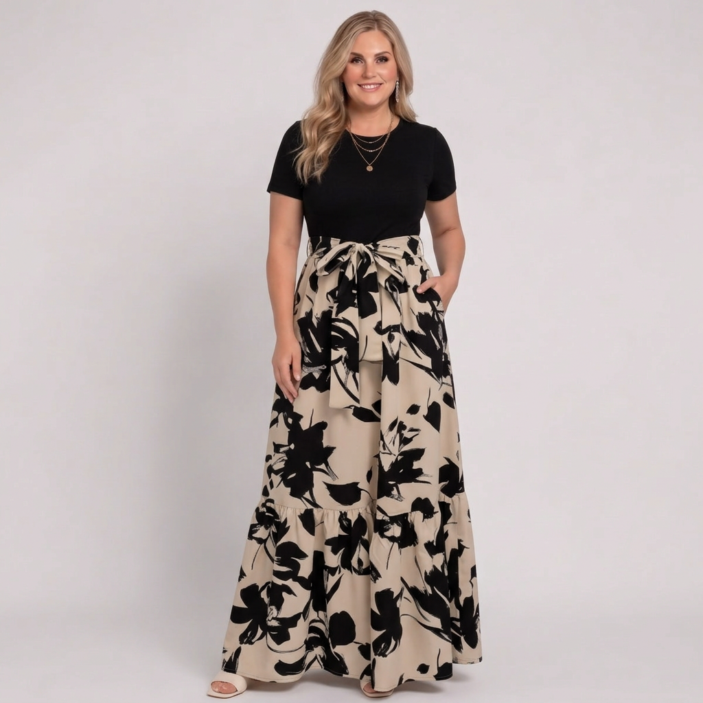 Elara | Women’s Short-Sleeve Floral Print Belted Tiered Maxi Dress