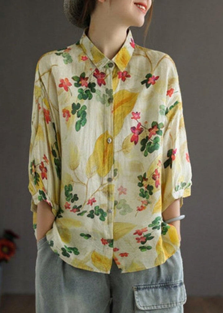 Galina - Elegant Print Peter Pan Collar Button Summer Linen Top Three Quarter Sleeve