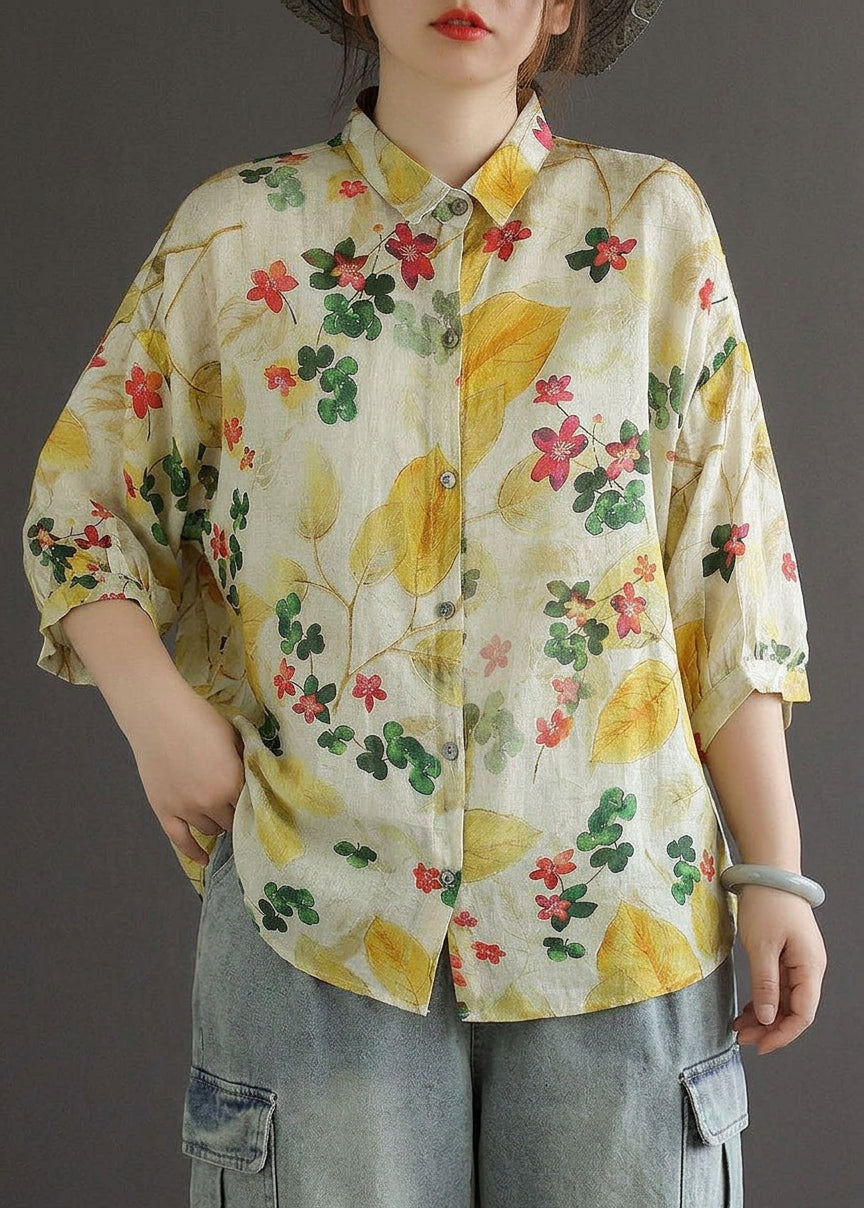 Galina - Elegant Print Peter Pan Collar Button Summer Linen Top Three Quarter Sleeve