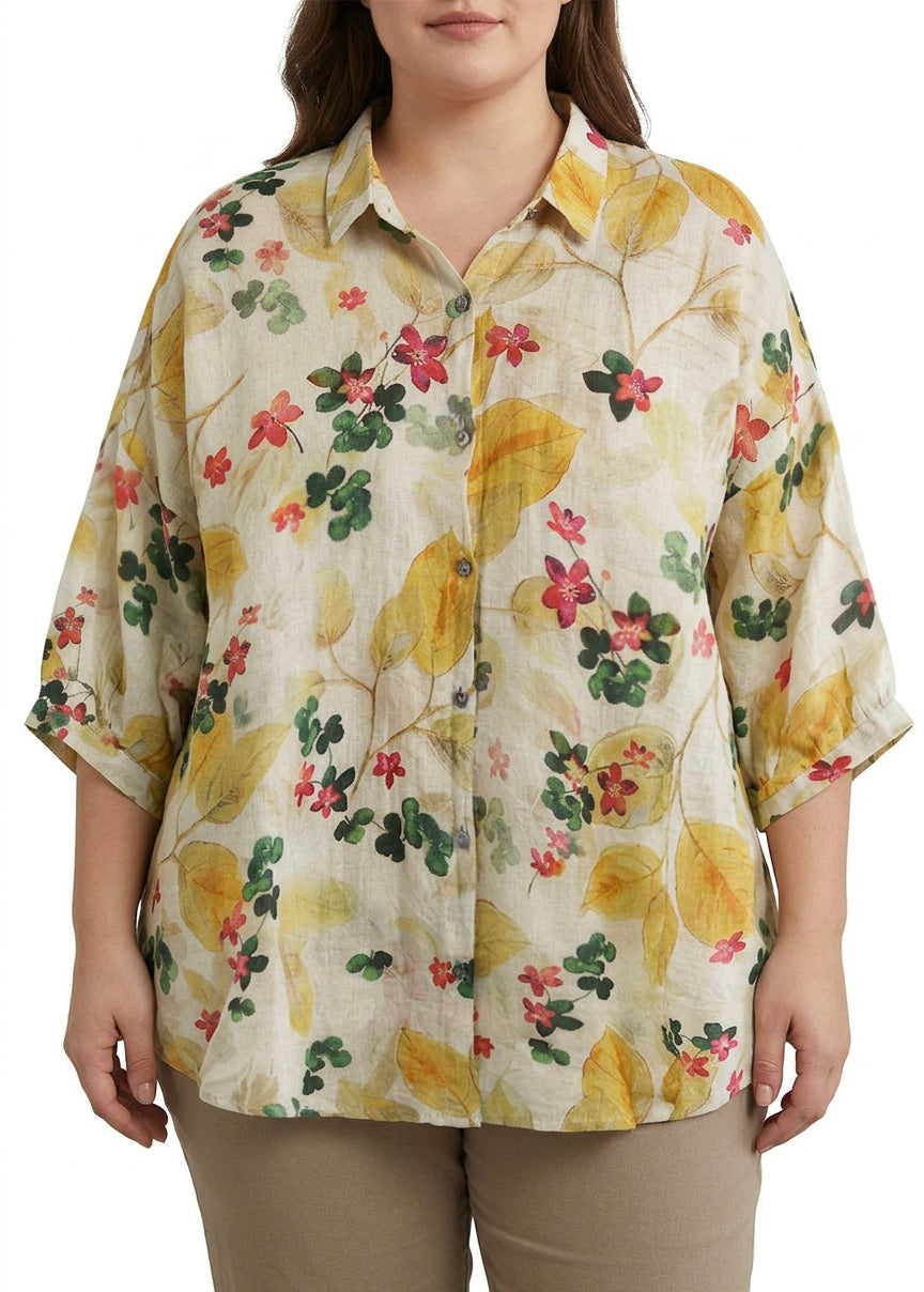 Galina - Elegant Print Peter Pan Collar Button Summer Linen Top Three Quarter Sleeve