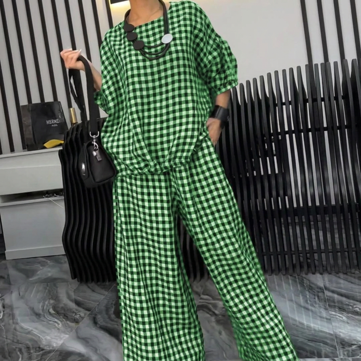 Elke - Casual Plus Size Cotton Linen red Plaid Vintage Blouse And Pants