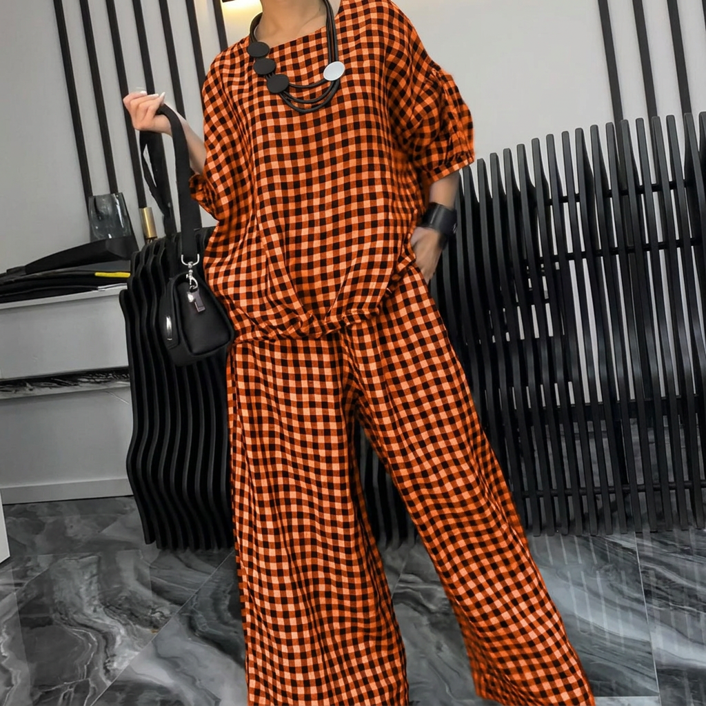 Elke - Casual Plus Size Cotton Linen red Plaid Vintage Blouse And Pants