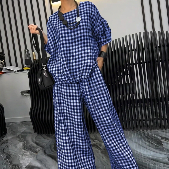 Elke - Casual Plus Size Cotton Linen red Plaid Vintage Blouse And Pants