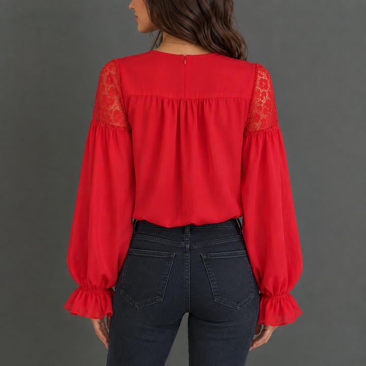 Esmé | Lace-Trim V-Neck Ruffle Sleeve Blouse