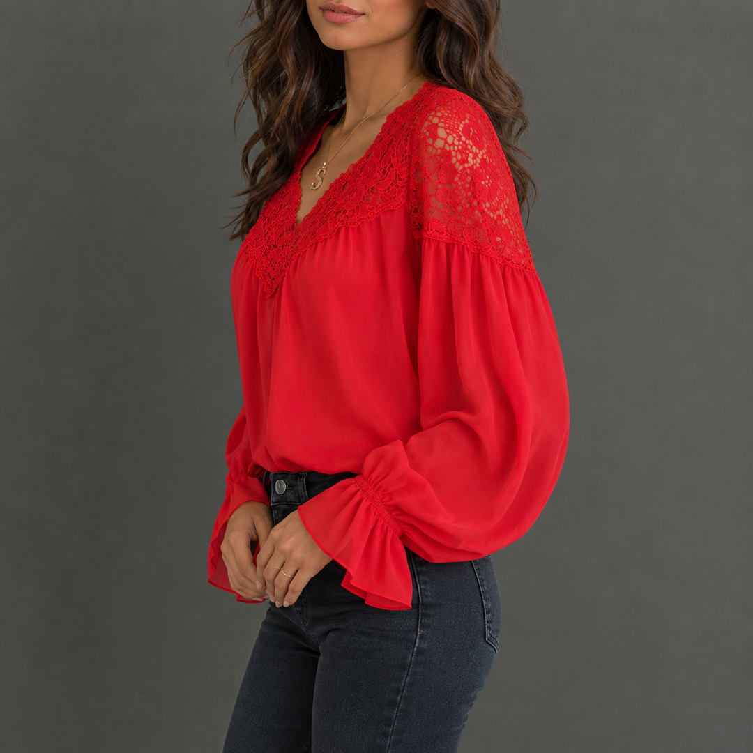 Esmé | Lace-Trim V-Neck Ruffle Sleeve Blouse