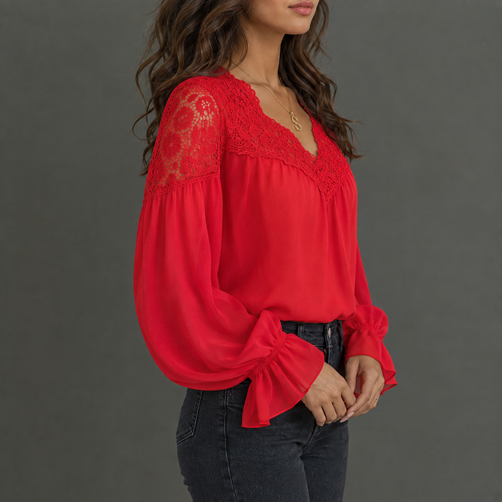 Esmé | Lace-Trim V-Neck Ruffle Sleeve Blouse