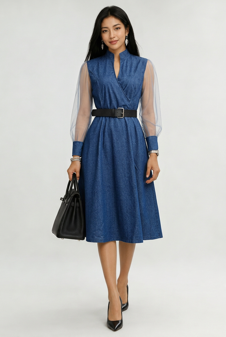 Etta Blue Denim Wrap Midi Dress with Sheer Sleeves &amp; Belt