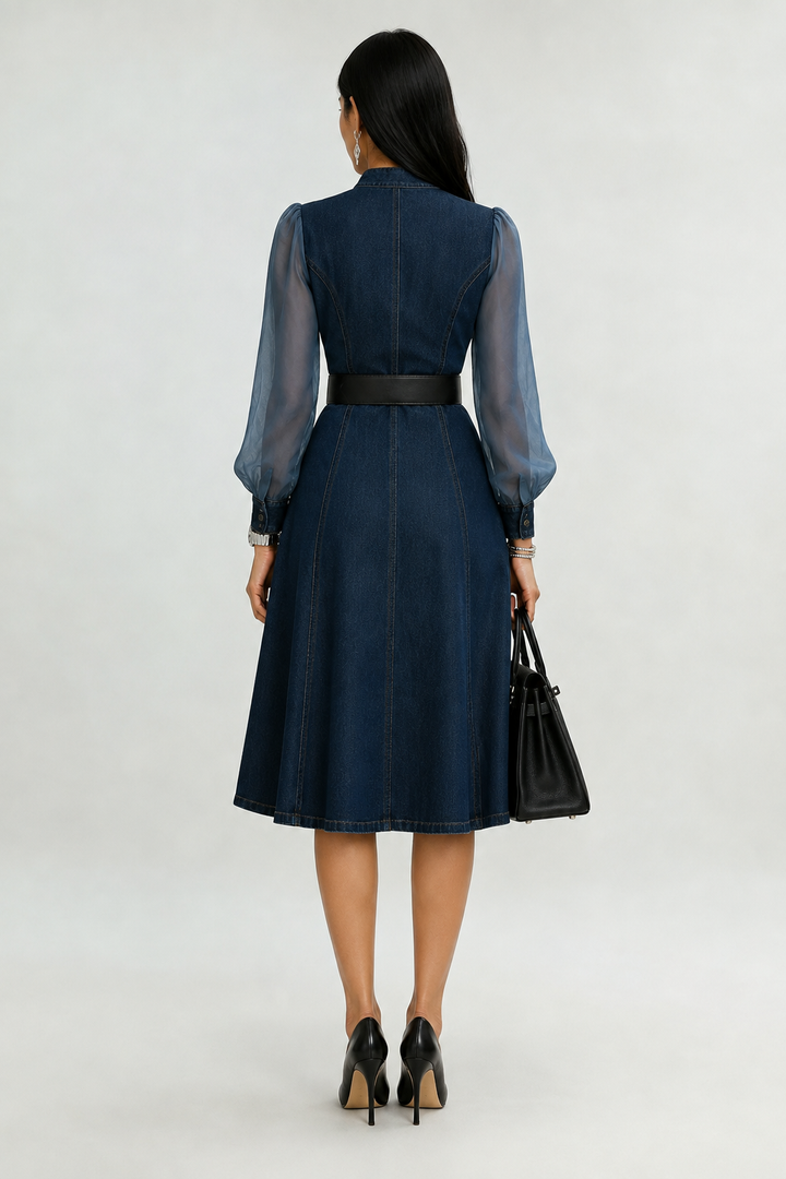 Etta Blue Denim Wrap Midi Dress with Sheer Sleeves &amp; Belt