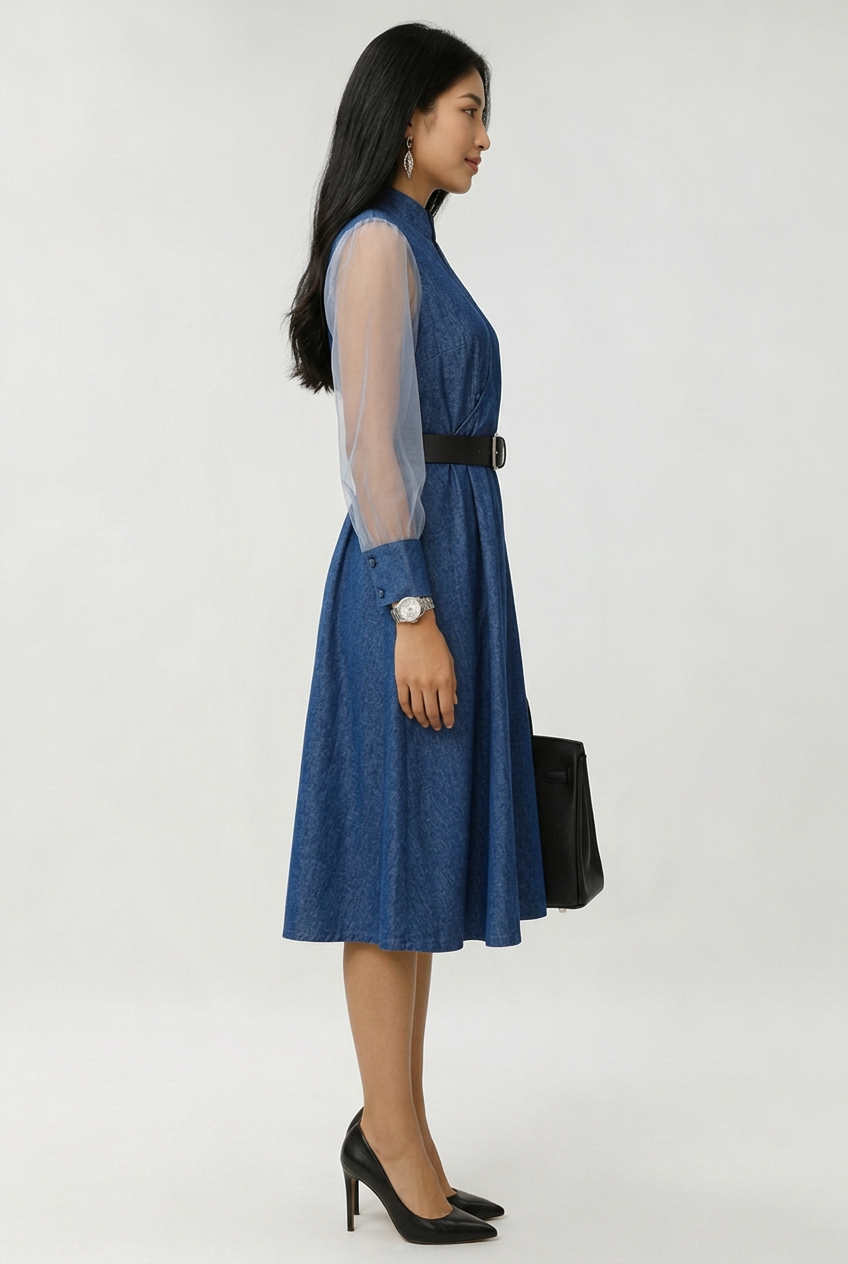 Etta Blue Denim Wrap Midi Dress with Sheer Sleeves &amp; Belt