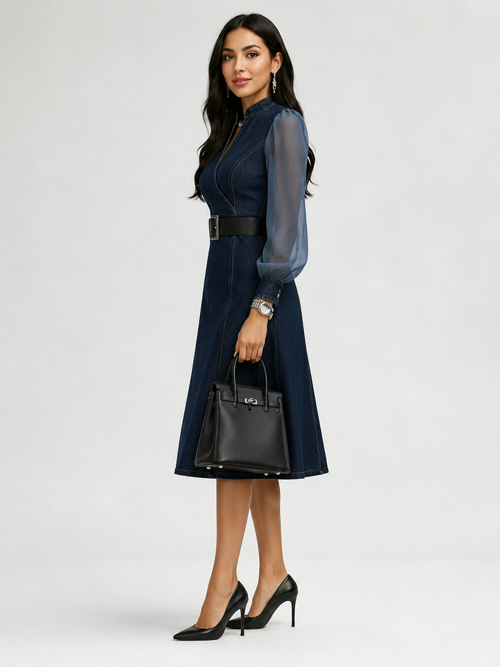 Etta Blue Denim Wrap Midi Dress with Sheer Sleeves &amp; Belt