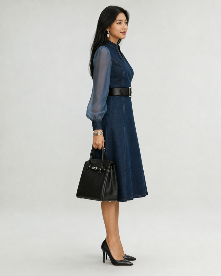 Etta Blue Denim Wrap Midi Dress with Sheer Sleeves &amp; Belt