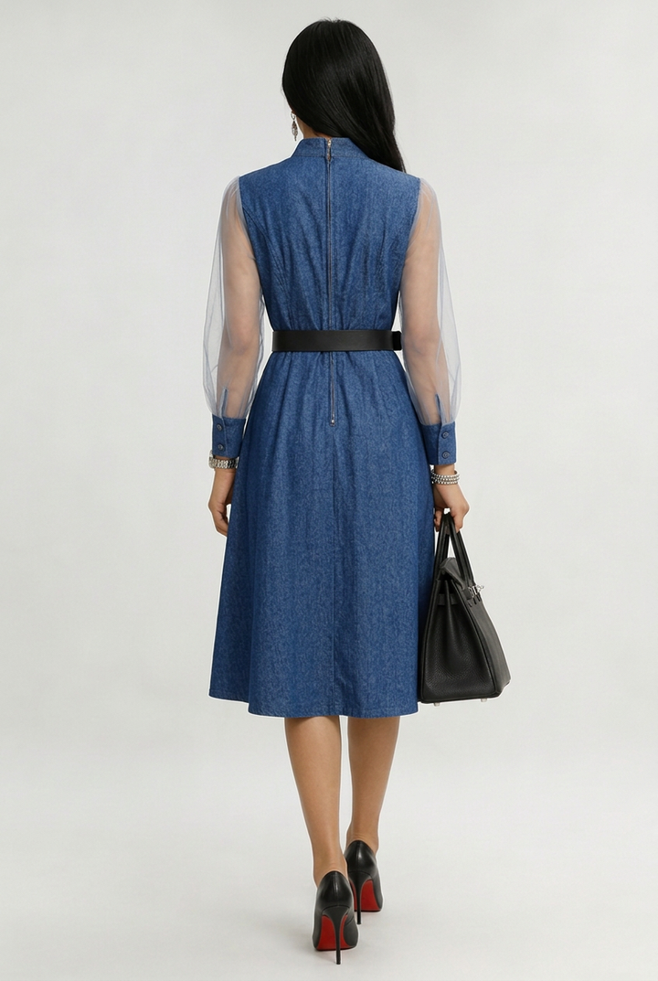 Etta Blue Denim Wrap Midi Dress with Sheer Sleeves &amp; Belt