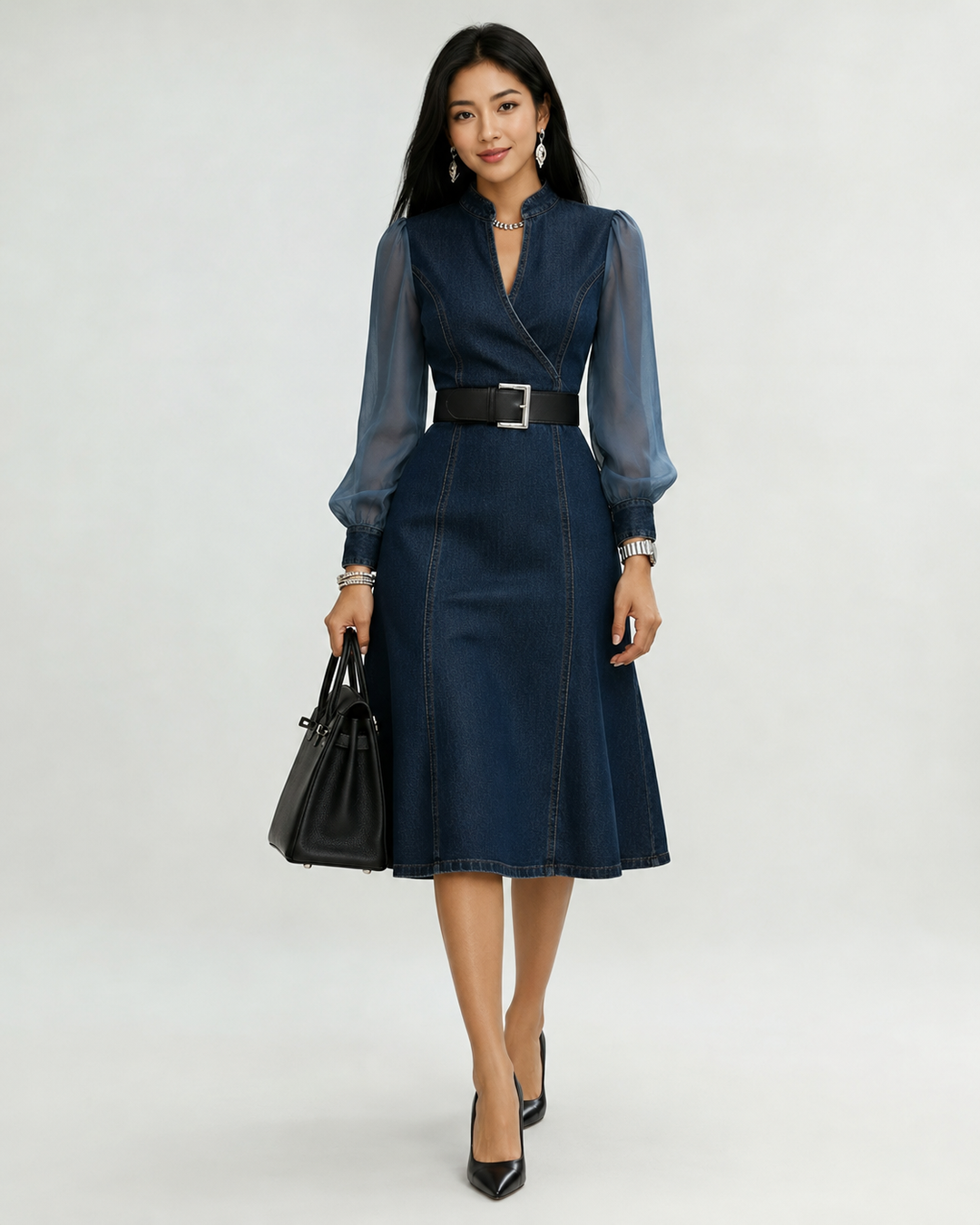 Etta Blue Denim Wrap Midi Dress with Sheer Sleeves &amp; Belt