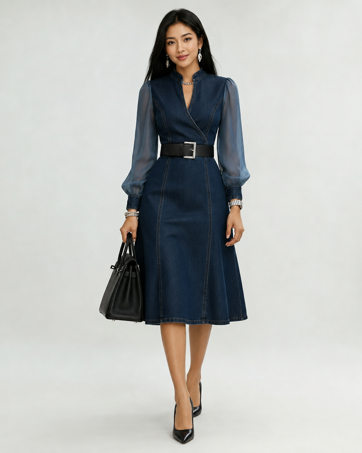 Etta Blue Denim Wrap Midi Dress with Sheer Sleeves &amp; Belt
