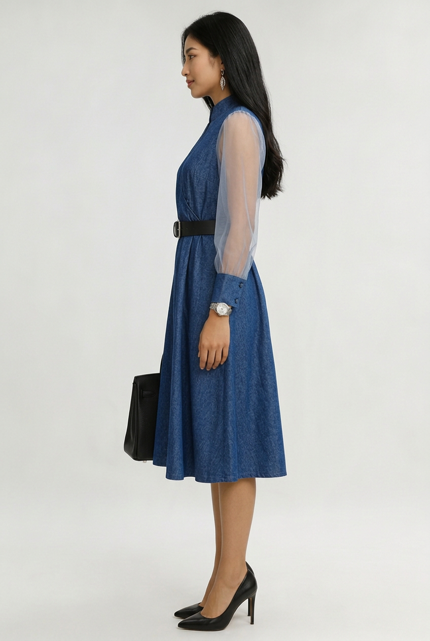 Etta Blue Denim Wrap Midi Dress with Sheer Sleeves &amp; Belt