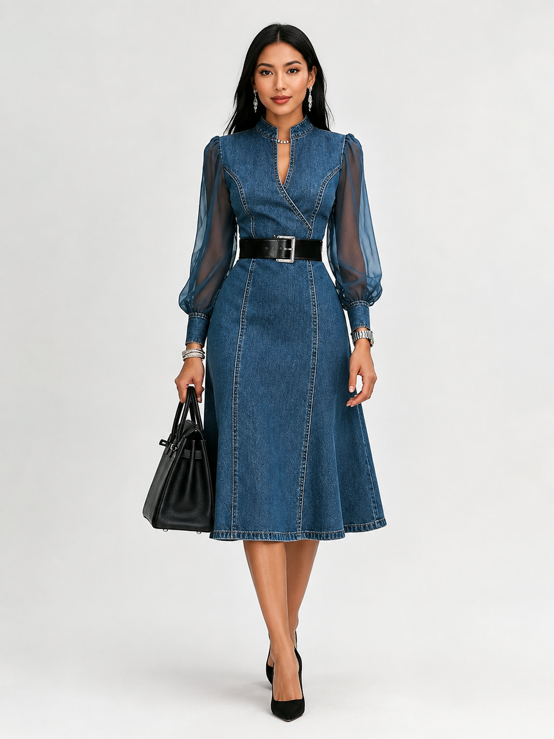Etta Blue Denim Wrap Midi Dress with Sheer Sleeves &amp; Belt
