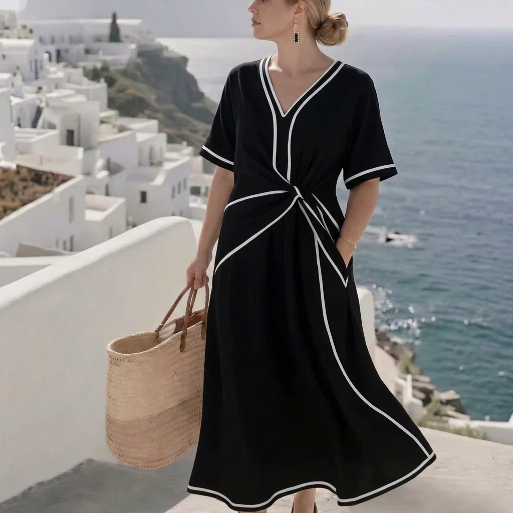 Florence | Contrast Trim V-Neck Tie-Waist Maxi Dress