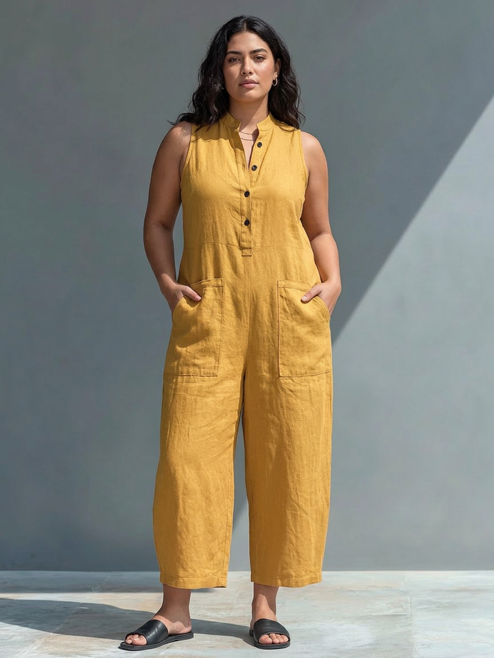 Sleeveless Minimalist Jumpsuit for Women with High Collar and Buttons