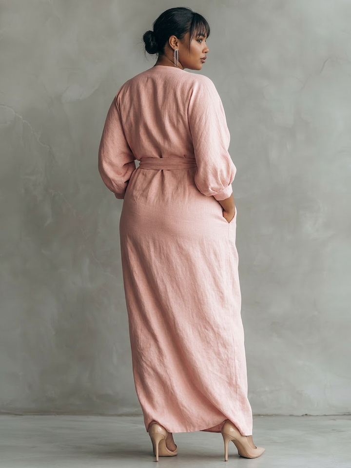 Pink Minimalist Maxi Dress with V-Neck for Women