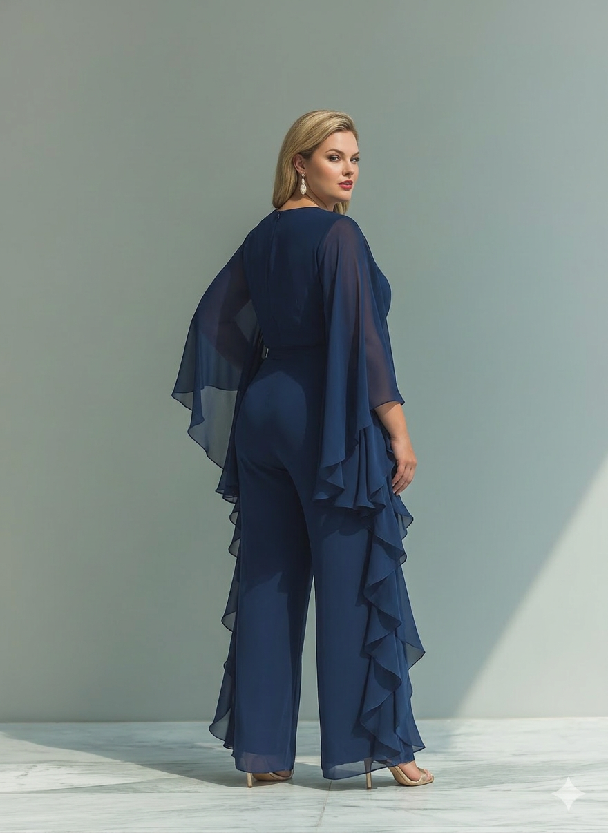 Navy Blue Chiffon Top Set with Flared Sleeves and Straight Leg Pants with Ruché Details