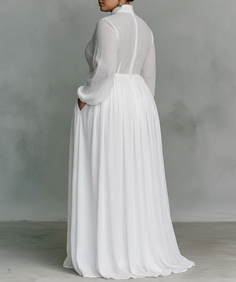 Vera - Maxi Minimalist Dress with Patchwork, High Collar and Long Sleeves