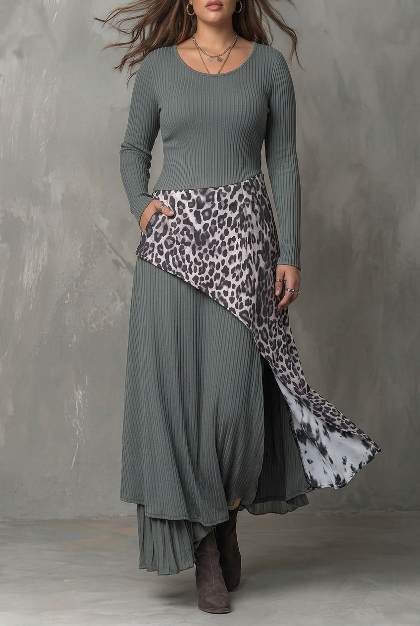 Gray Pit Stripe Leopard Print Splicing Asymmetrical Hem Maxi Dress
