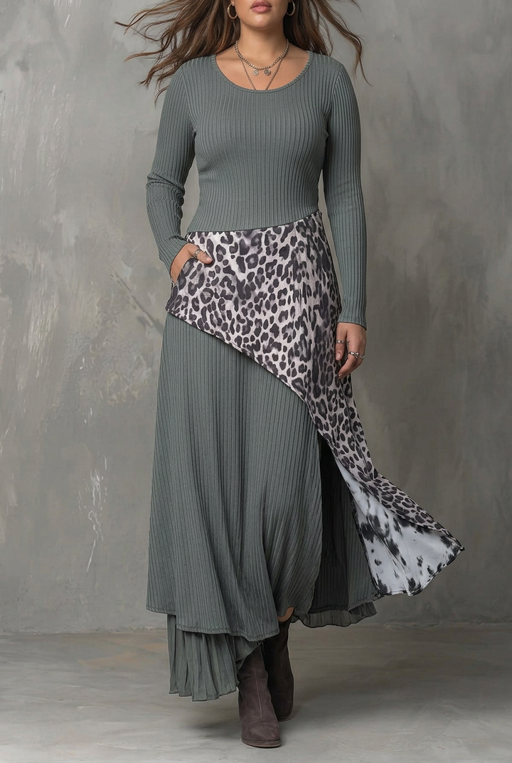 Gray Pit Stripe Leopard Print Splicing Asymmetrical Hem Maxi Dress