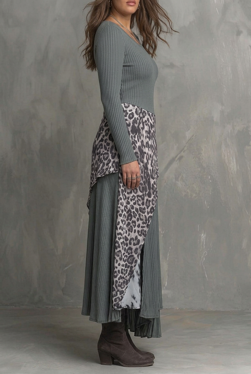 Gray Pit Stripe Leopard Print Splicing Asymmetrical Hem Maxi Dress
