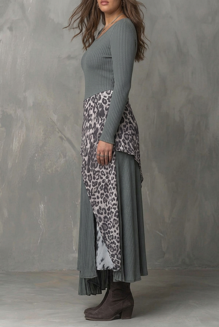 Gray Pit Stripe Leopard Print Splicing Asymmetrical Hem Maxi Dress